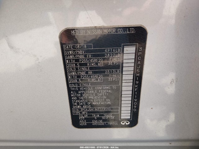 Продажа на аукционе авто 2019 Infiniti Qx50 Essential, vin: 3PCAJ5M19KF119090, номер лота: 45531008