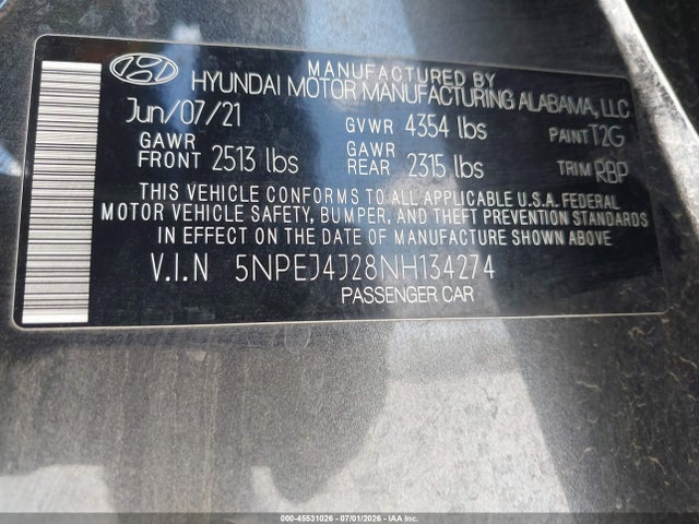 Aukcja sprzedaży 2022 Hyundai Sonata Sel Plus, vin: 5NPEJ4J28NH134274, numer aukcji: 45531026