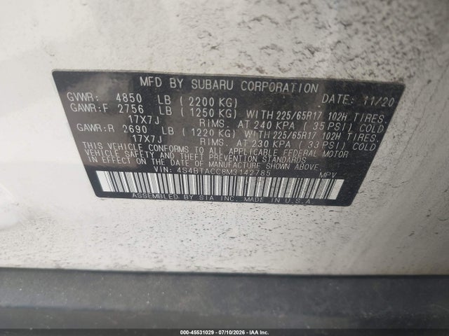 2021 Subaru Outback Premium მანქანა იყიდება აუქციონზე, vin: 4S4BTACC8M3142785, აუქციონის ნომერი: 45531029
