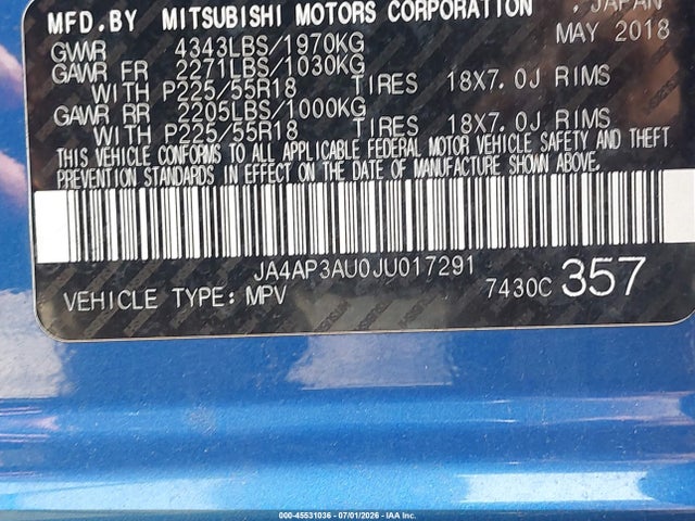 Продажа на аукционе авто 2018 Mitsubishi Outlander Sport 2.0 Es, vin: JA4AP3AU0JU017291, номер лота: 45531036