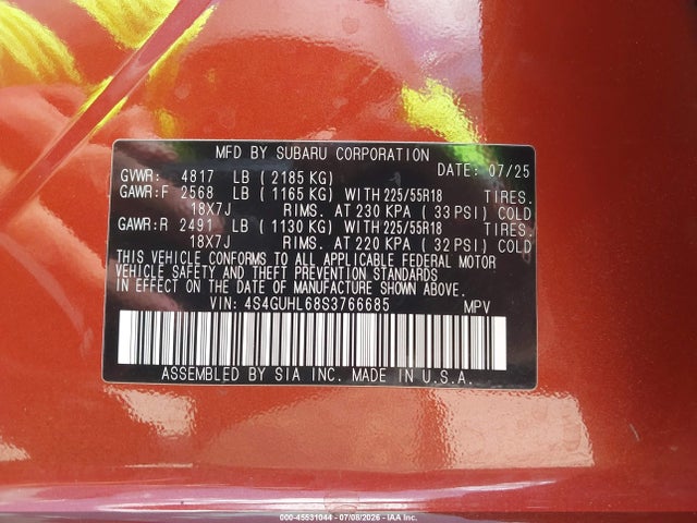 2025 Subaru Crosstrek Limited მანქანა იყიდება აუქციონზე, vin: 4S4GUHL68S3766685, აუქციონის ნომერი: 45531044