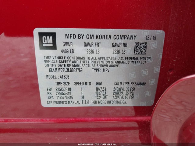 45531053 :رقم المزاد ، KL4MMESL3LB082769 vin ، 2020 Buick Encore Gx Awd Select مزاد بيع