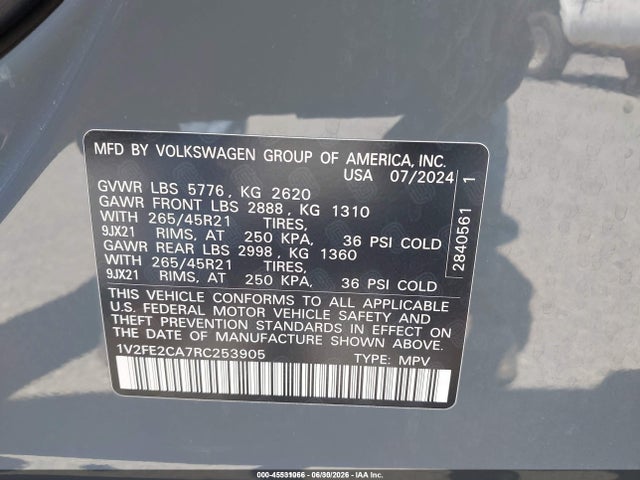 2024 Volkswagen Atlas Cross Sport 2.0t Sel Premium R-line მანქანა იყიდება აუქციონზე, vin: 1V2FE2CA7RC253905, აუქციონის ნომერი: 45531066