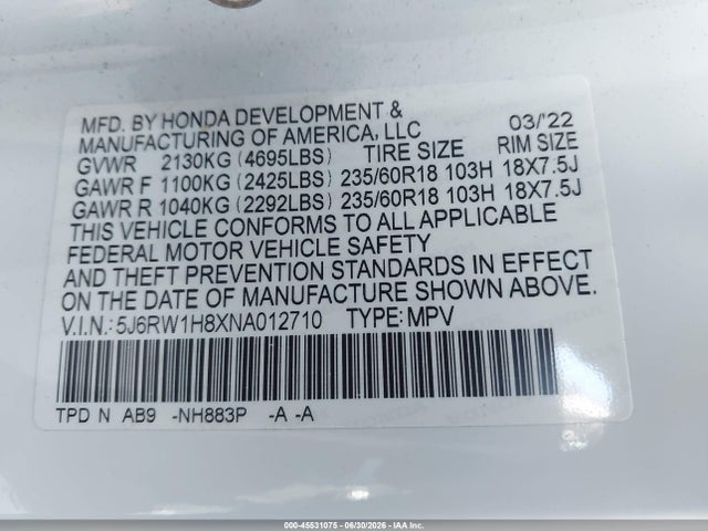 5J6RW1H8XNA012710 Honda Cr-v 2wd Ex-l