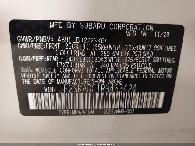 Aukcja sprzedaży 2024 Subaru Forester Premium, vin: JF2SKADC1RH463424, numer aukcji: 45531080