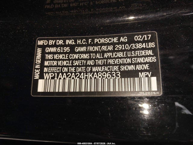 Aukcja sprzedaży 2017 Porsche Cayenne, vin: WP1AA2A24HKA89633, numer aukcji: 45531084