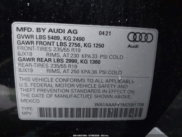 Aukcja sprzedaży 2021 Audi Q5 Premium 45 Tfsi Quattro S Tronic, vin: WA1AAAFY1M2091708, numer aukcji: 45531094