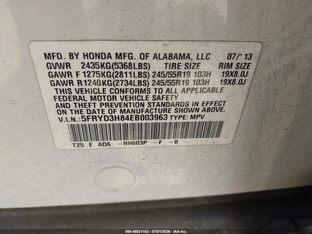 45531102 :رقم المزاد ، 5FRYD3H84EB003963 vin ، 2014 Acura Mdx Advance Pkg W/entertainment Pkg مزاد بيع