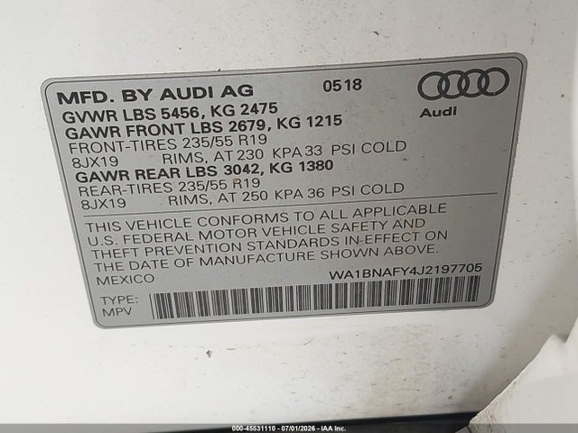 WA1BNAFY4J2197705 Audi Q5 2.0t Premium/2.0t Tech Premium