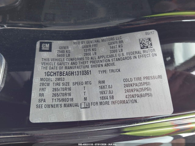 45531118 :رقم المزاد ، 1GCHTBEA6H1310361 vin ، 2017 Chevrolet Colorado 4wd Wt مزاد بيع