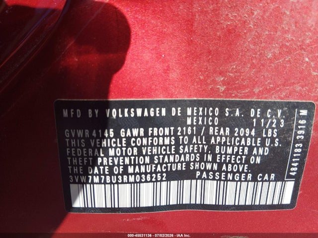 45531136 :رقم المزاد ، 3VW7M7BU3RM036252 vin ، 2024 Volkswagen Jetta 1.5t Se مزاد بيع