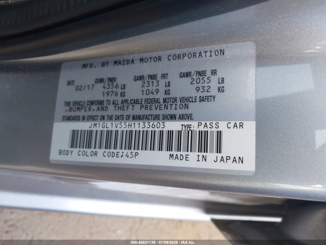 Aukcja sprzedaży 2017 Mazda Mazda6 Touring, vin: JM1GL1V55H1133603, numer aukcji: 45531139