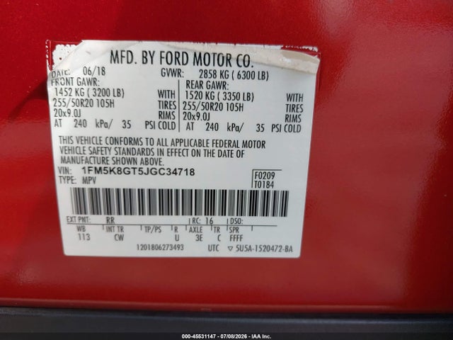 45531147 :رقم المزاد ، 1FM5K8GT5JGC34718 vin ، 2018 Ford Explorer Sport مزاد بيع