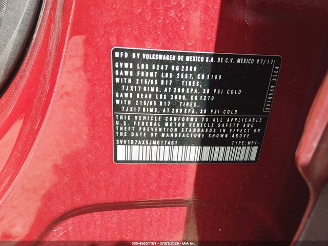 Продаж на аукціоні авто 2018 Volkswagen Tiguan 2.0t S, vin: 3VV1B7AX5JM017461, номер лоту: 45531151