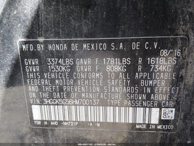 3HGGK5G56HM700137 Honda FIT LX