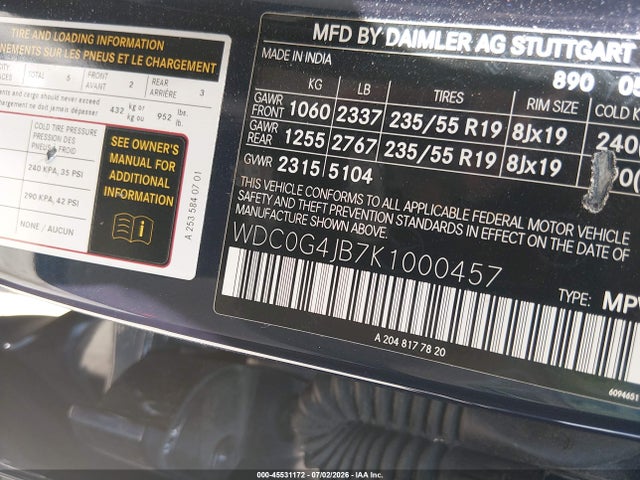 45531172 :رقم المزاد ، WDC0G4JB7K1000457 vin ، 2019 Mercedes-benz Glc 300 مزاد بيع