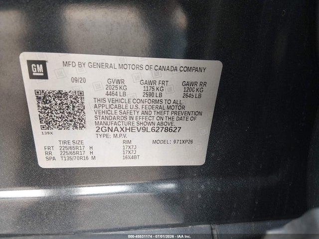 Aukcja sprzedaży 2020 Chevrolet Equinox Fwd Ls, vin: 2GNAXHEV9L6278627, numer aukcji: 45531174