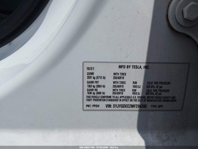 Продаж на аукціоні авто 2021 Tesla Model Y Long Range Dual Motor All-wheel Drive, vin: 5YJYGDEE2MF294390, номер лоту: 45531186