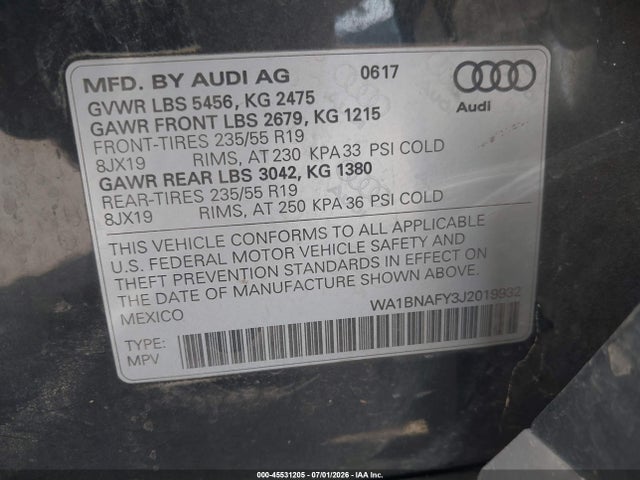 Aukcja sprzedaży 2018 Audi Q5 2.0t Premium/2.0t Tech Premium, vin: WA1BNAFY3J2019932, numer aukcji: 45531205
