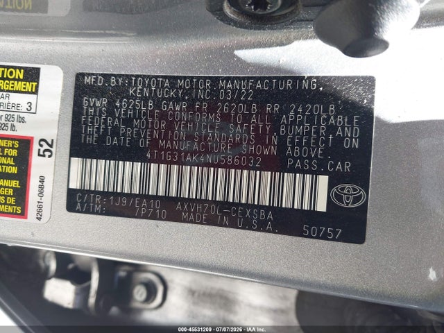 4T1G31AK4NU586032 Toyota Camry Se Hybrid