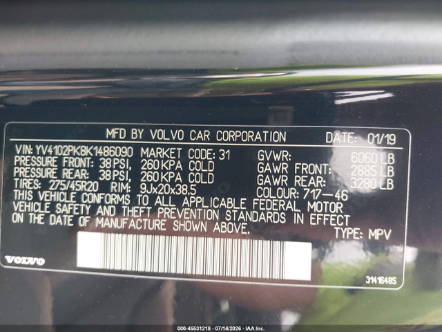 Продаж на аукціоні авто 2019 Volvo Xc90 T5 Momentum, vin: YV4102PK8K1486090, номер лоту: 45531218