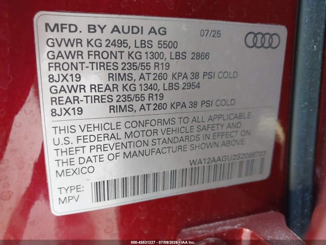 Aukcja sprzedaży 2025 Audi All-new Q5 Premium Plus Tfsi Quattro S Tronic, vin: WA12AAGU2S2066703, numer aukcji: 45531227