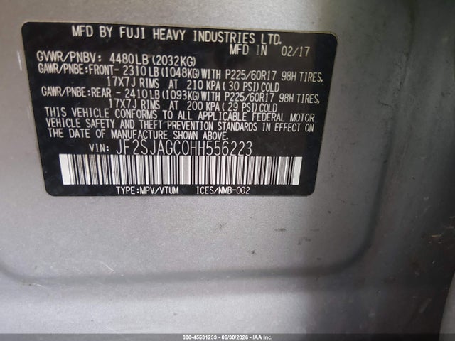 Продаж на аукціоні авто 2017 Subaru Forester 2.5i Premium, vin: JF2SJAGC0HH556223, номер лоту: 45531233