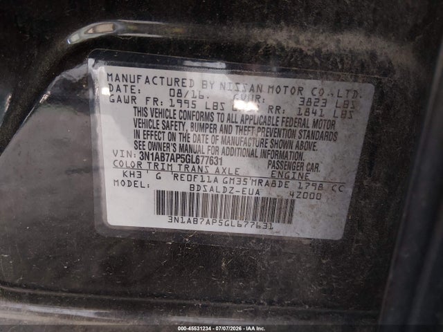 Продаж на аукціоні авто 2016 Nissan Sentra Sv, vin: 3N1AB7AP5GL677631, номер лоту: 45531234