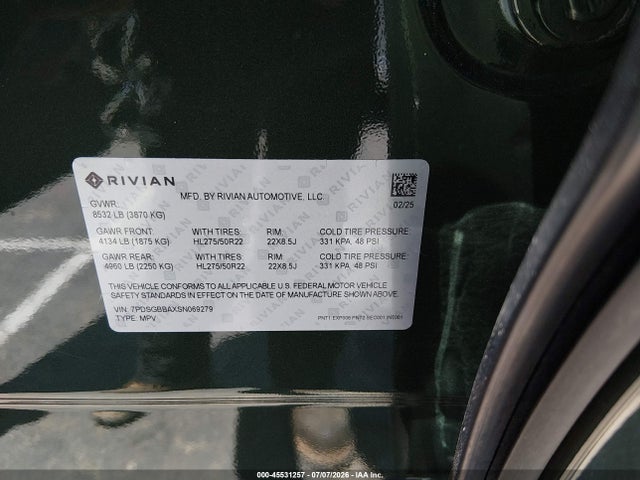 Rivian R1s 2025 7PDSGBBAXSN069279 Image 9