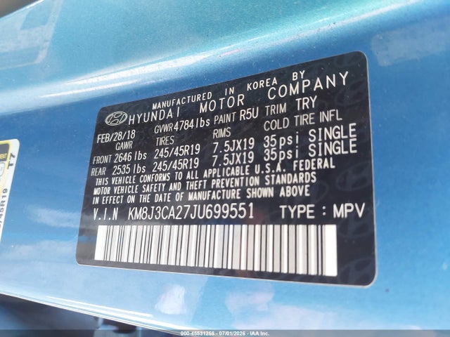 KM8J3CA27JU699551 Hyundai Tucson Limited