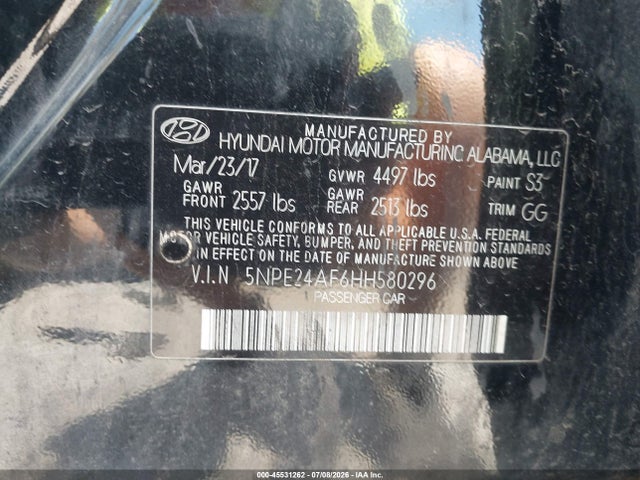 2017 Hyundai Sonata მანქანა იყიდება აუქციონზე, vin: 5NPE24AF6HH580296, აუქციონის ნომერი: 45531262
