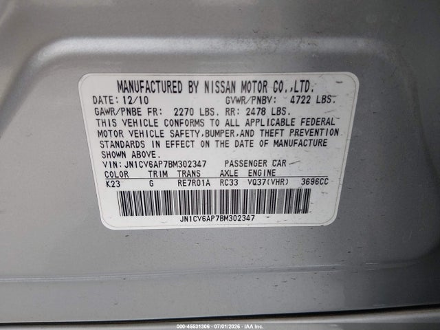 Продаж на аукціоні авто 2011 Infiniti G37 Journey, vin: JN1CV6AP7BM302347, номер лоту: 45531306