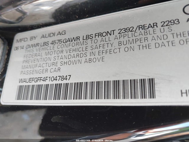 45531309 :رقم المزاد ، WAUEFGFF4F1047847 vin ، 2015 Audi A3 2.0t Premium مزاد بيع