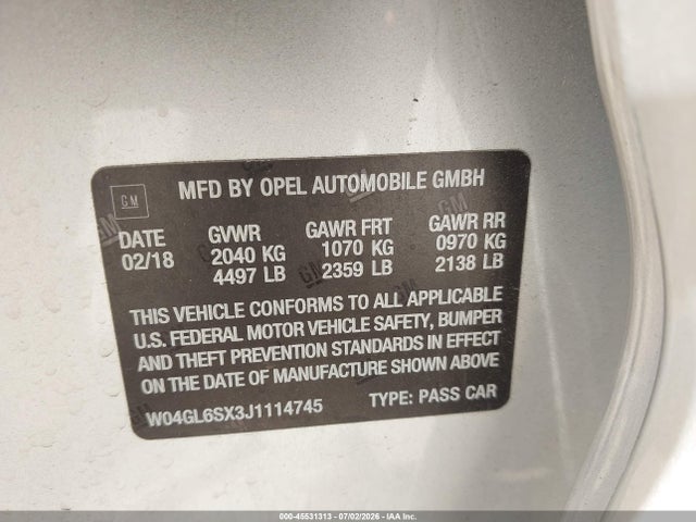 45531313 :رقم المزاد ، W04GL6SX3J1114745 vin ، 2018 Buick Regal Sportback Preferred مزاد بيع