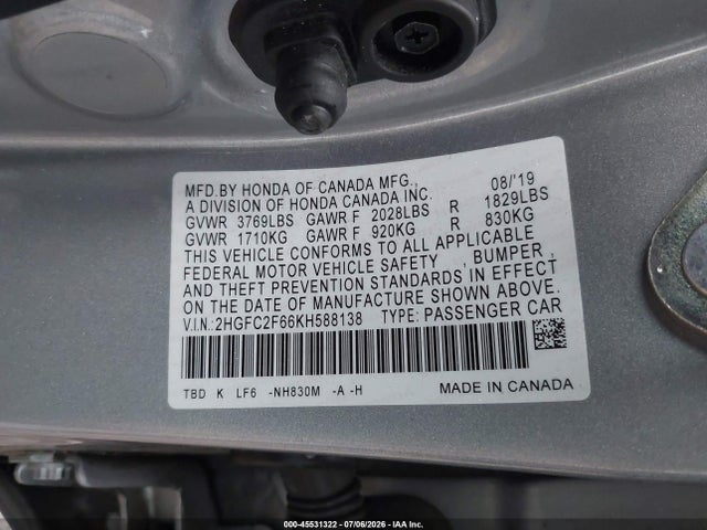 Honda Civic Lx 2019 2HGFC2F66KH588138 Image 9