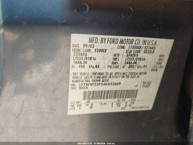 Продаж на аукціоні авто 2004 Ford F-350 Lariat/xl/xlt, vin: 1FTWW33P54EA52669, номер лоту: 45531325