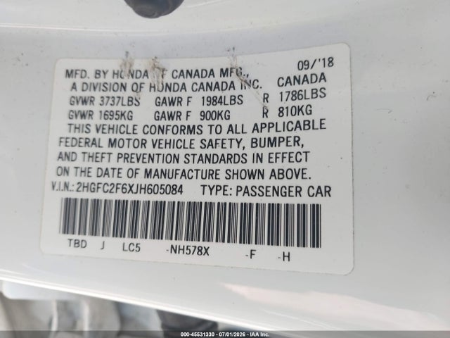 Продажа на аукционе авто 2018 Honda Civic Lx, vin: 2HGFC2F6XJH605084, номер лота: 45531330