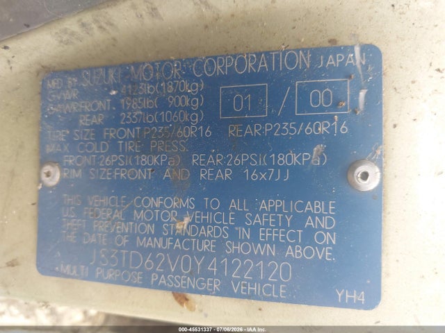 Продаж на аукціоні авто 2000 Suzuki Vitara, vin: JF3TD62V0Y4122120, номер лоту: 45531337