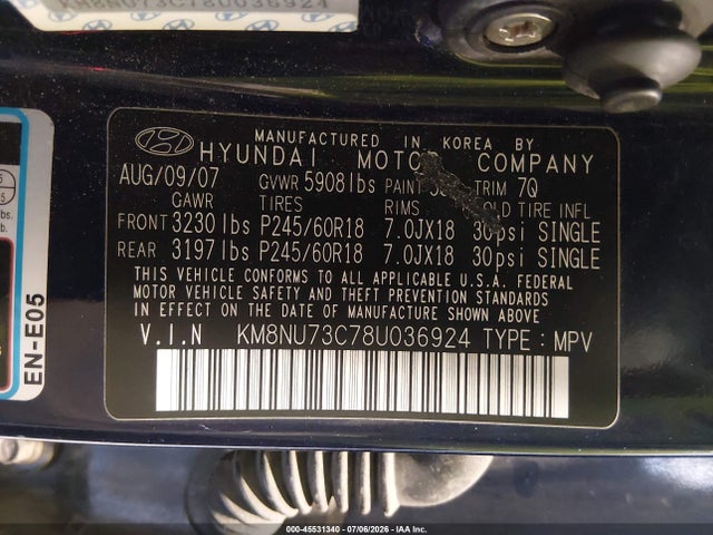 45531340 :رقم المزاد ، KM8NU73C78U036924 vin ، 2008 Hyundai Veracruz Gls/limited/se مزاد بيع