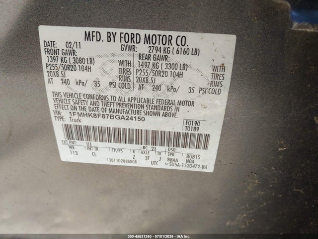 Aukcja sprzedaży 2011 Ford Explorer Limited, vin: 1FMHK8F87BGA24150, numer aukcji: 45531360