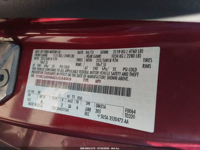45531375 :رقم المزاد ، 1FMCU0H94DUD54909 vin ، 2013 Ford Escape Sel مزاد بيع