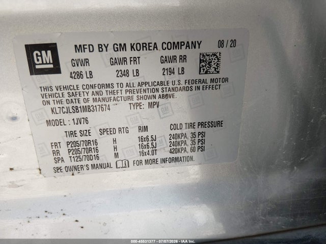 45531377 :رقم المزاد ، KL7CJLSB1MB317674 vin ، 2021 Chevrolet Trax Fwd Lt مزاد بيع