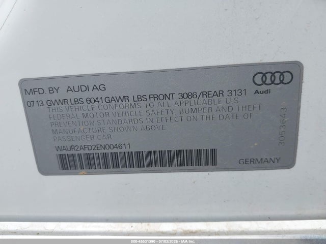 45531390 :رقم المزاد ، WAUR2AFD2EN004611 vin ، 2014 Audi A8 L 4.0t مزاد بيع
