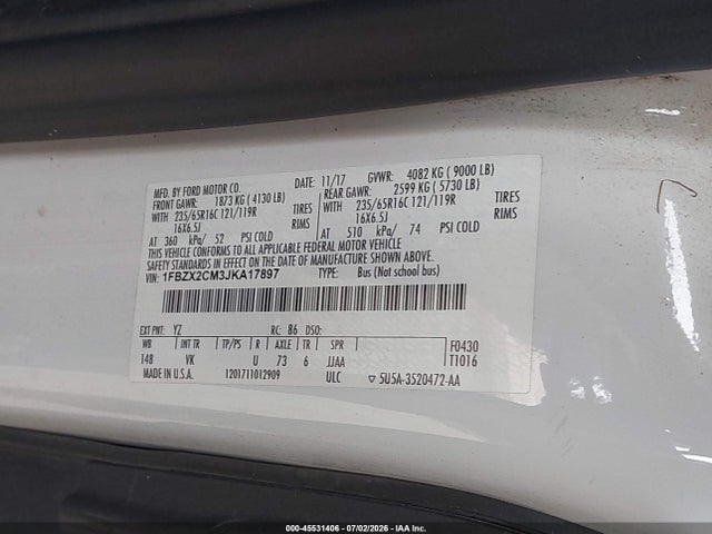 1FBZX2CM3JKA17897 Ford Transit-350 Xl/xlt