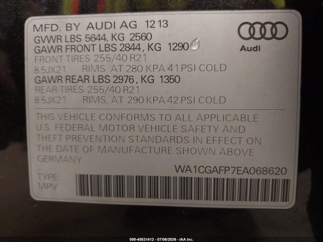 Продаж на аукціоні авто 2014 Audi Sq5 3.0t Premium Plus, vin: WA1CGAFP7EA068620, номер лоту: 45531412