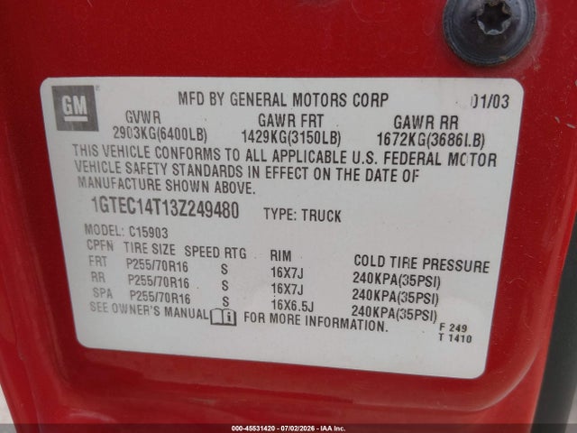Продаж на аукціоні авто 2003 Gmc Sierra 1500 Sle, vin: 1GTEC14T13Z249480, номер лоту: 45531420