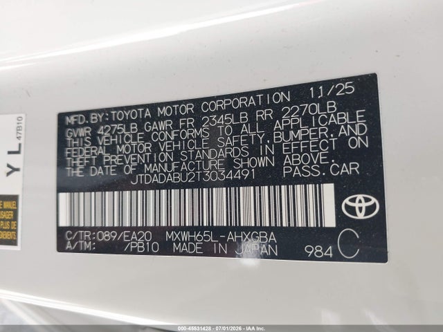 45531428 :رقم المزاد ، JTDADABU2T3034491 vin ، 2026 Toyota Prius Xle Awd-e مزاد بيع