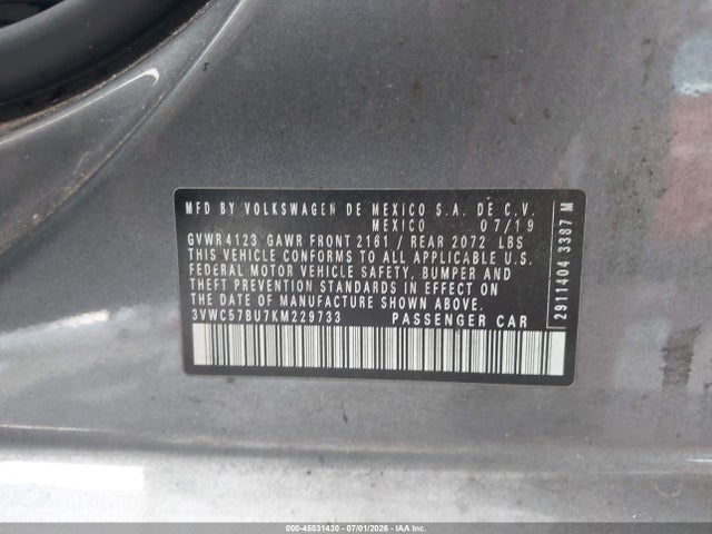 45531430 :رقم المزاد ، 3VWC57BU7KM229733 vin ، 2019 Volkswagen Jetta 1.4t R-line/1.4t S/1.4t Se مزاد بيع