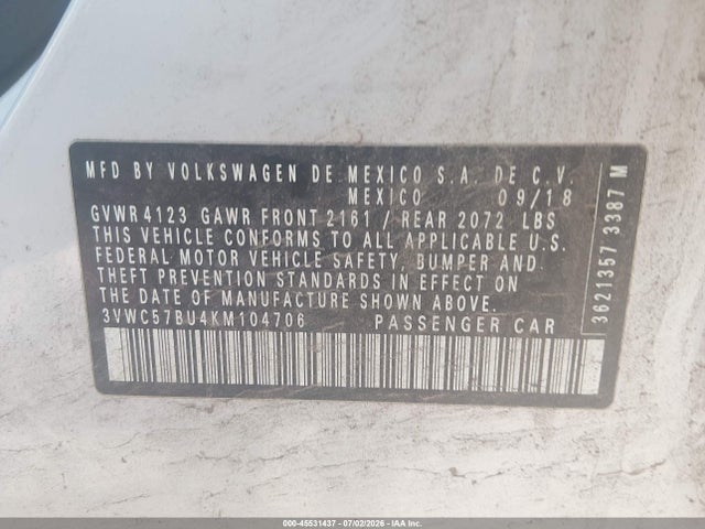 45531437 :رقم المزاد ، 3VWC57BU4KM104706 vin ، 2019 Volkswagen Jetta 1.4t R-line/1.4t S/1.4t Se مزاد بيع