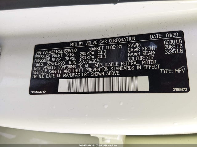 2020 Volvo Xc90 T6 Momentum 6 Passenger მანქანა იყიდება აუქციონზე, vin: YV4A221K5L1595160, აუქციონის ნომერი: 45531438